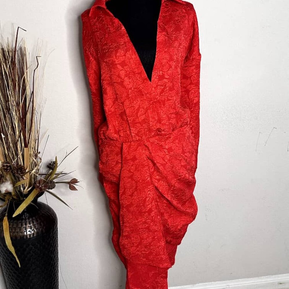 Red Textured V-Neck Draped Dress